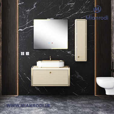 خرید کابینت روشویی لیزانو لوکس کابین در رنگهای سفید و کرم با سنگ روشویی چینی و آینه لمسی هیتردار. بهترین قیمت تجهیزات ساختمانی در فروشگاه میانرودی.